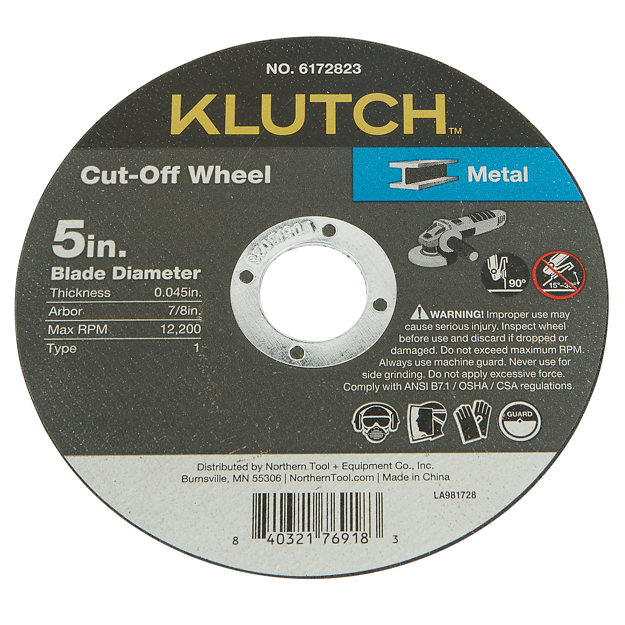 Klutch Metal Cutoff Wheel, 5in. x 0.045 x 7/8in., Type 1
